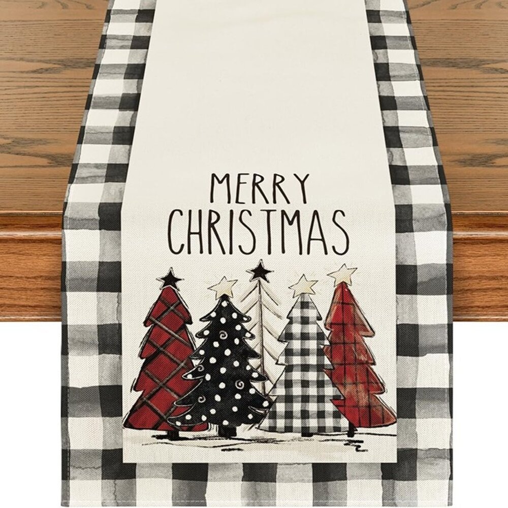 NEW  Buffalo Plaid Christmas Trees Merry Xmas Table Runner, 13 x 72 Inch - Picture 7 of 9